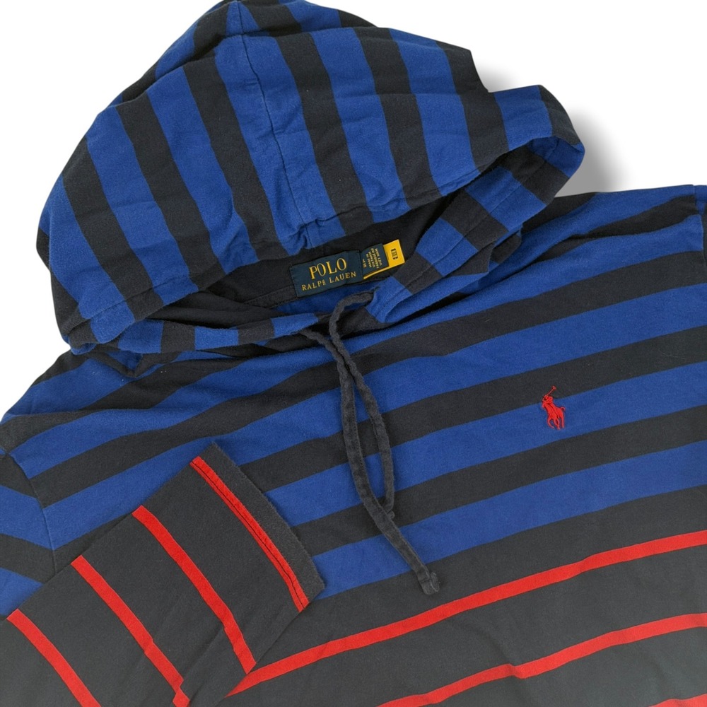 Polo Ralph Lauren Hooded T-Shirt Men XL Blue Red Striped Cotton Jersey Hoodie